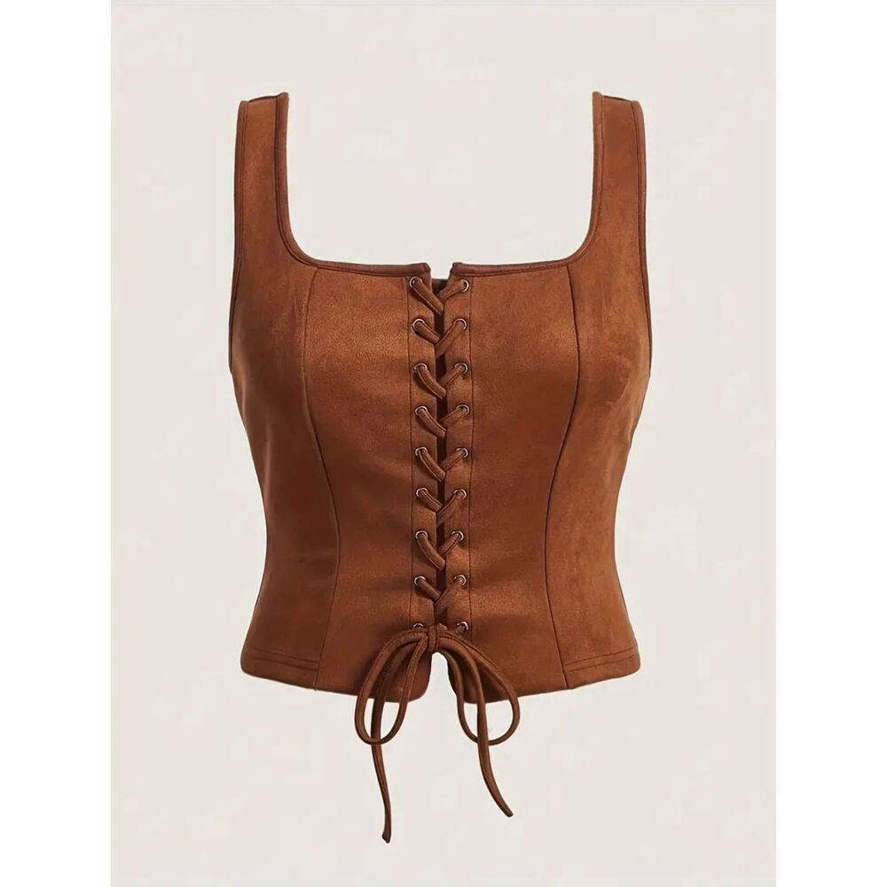 Vintage-Inspired Elegant Brown Crop Top drawstring lace-up front Size 12
